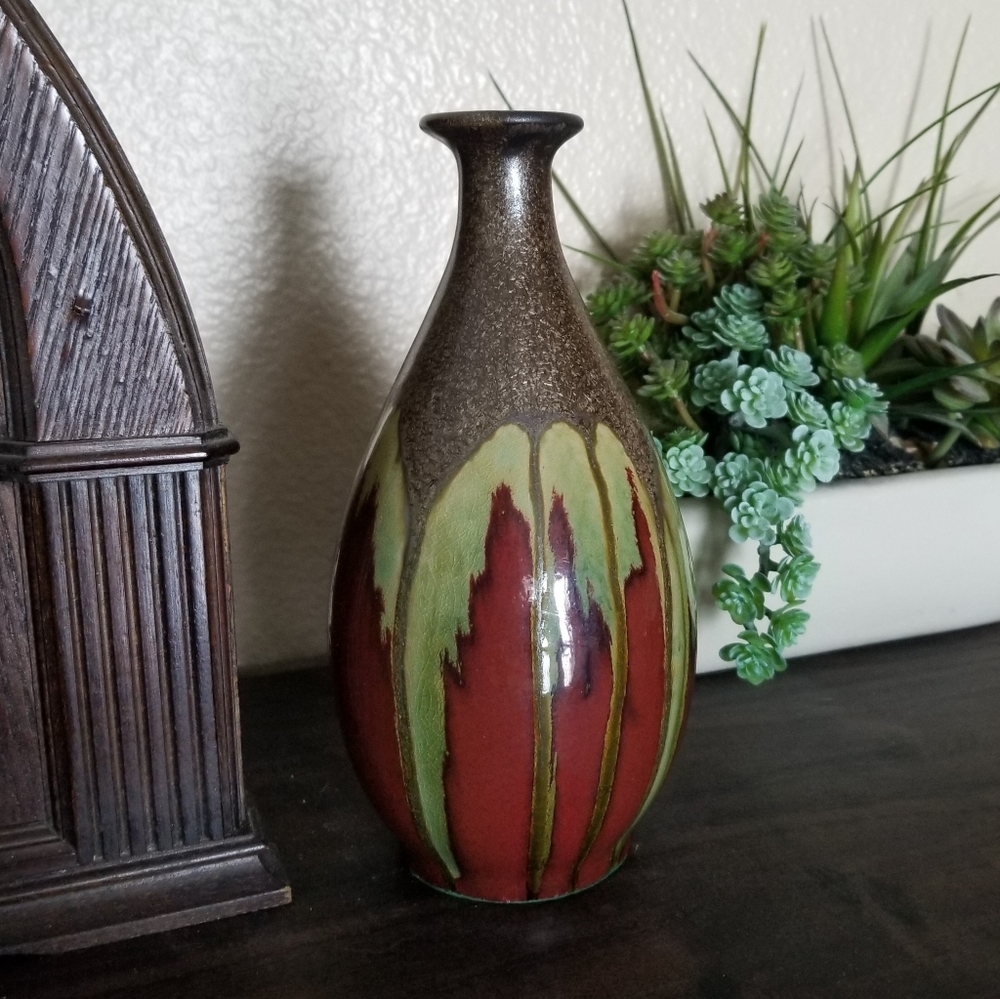 Stoneware Pottery‎ Vase Gun Metal Drip Glaze on Multicolor Green Maroon 8"